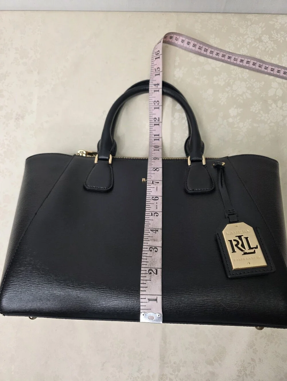 NWT Lauren Ralph Lauren Stefanie II Leather Satchel Bag Black Gold RLL Tote